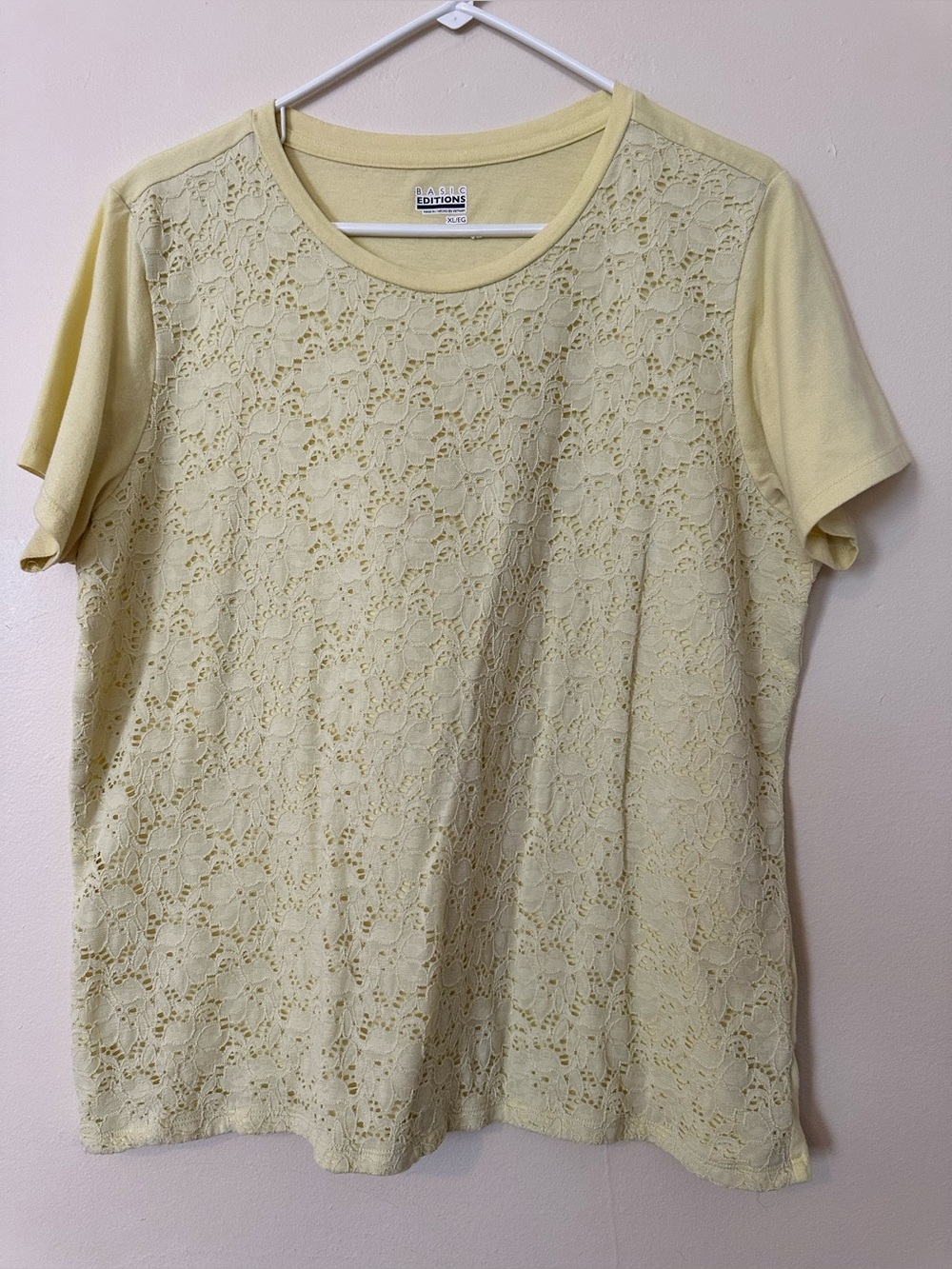 Basic Editions Pale Yellow Lace Front Short Sleeve Tee
